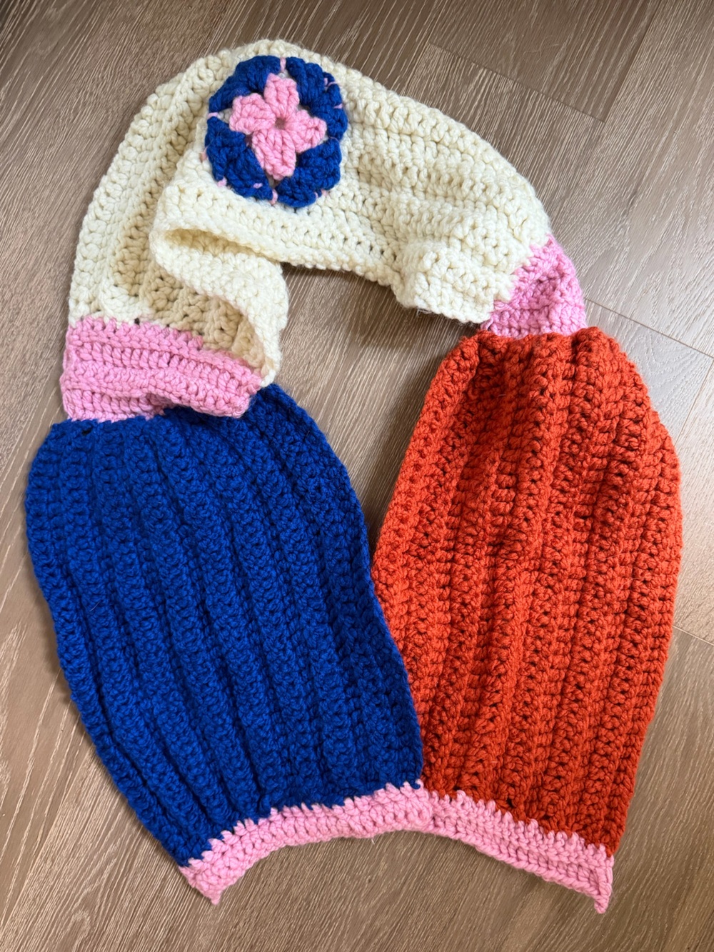 Handmade Crochet Colorblock Scarf - Blue, Red, Cream & Pink